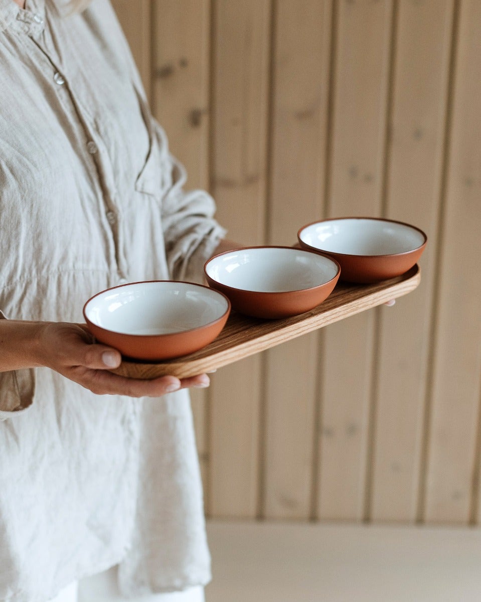 Earth Red Clay & White Glaze Snack Bowls & Wood Tray - Set of 3