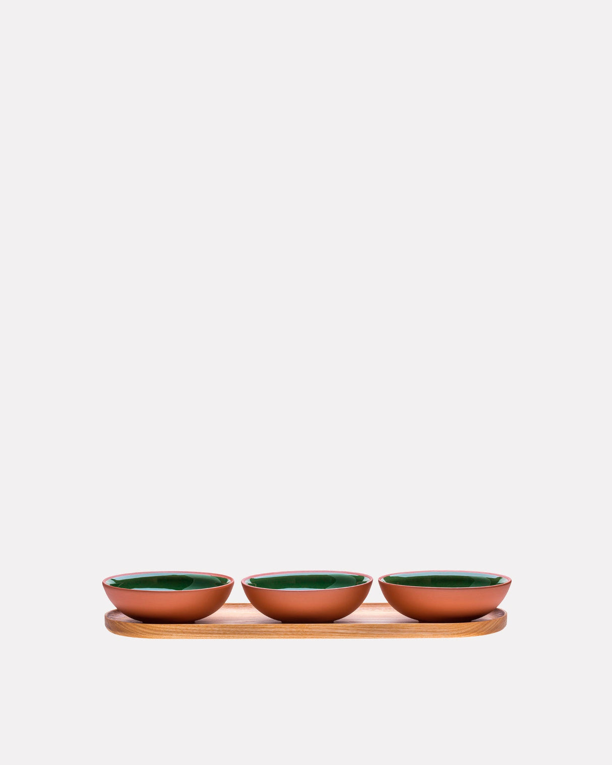 Earth-Red-Clay-Moss-Green-Glaze-Snack-Bowls-Wood-Tray-Set-of-3
