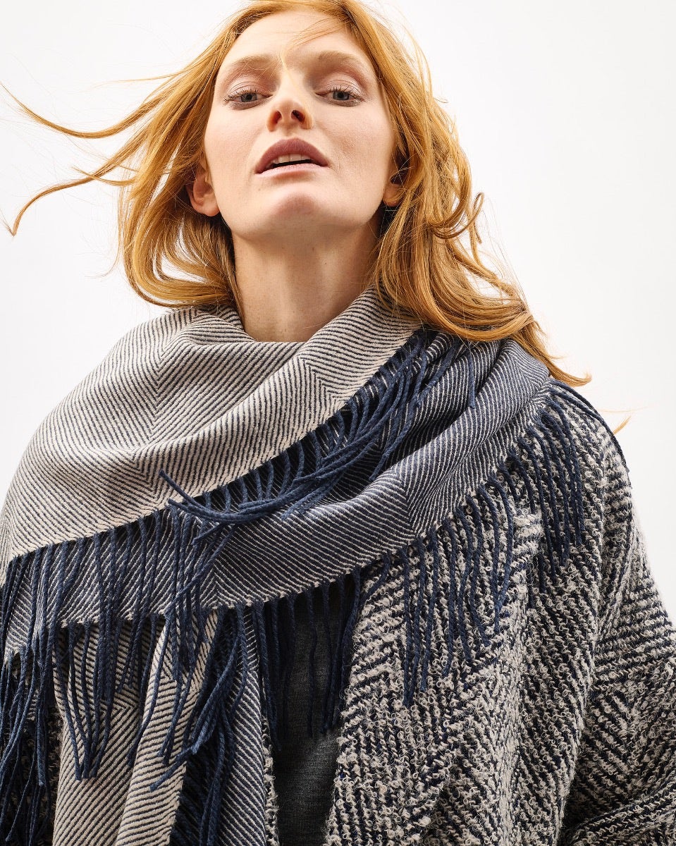 Navy & Cream Vertically Fringed Merino Scarf