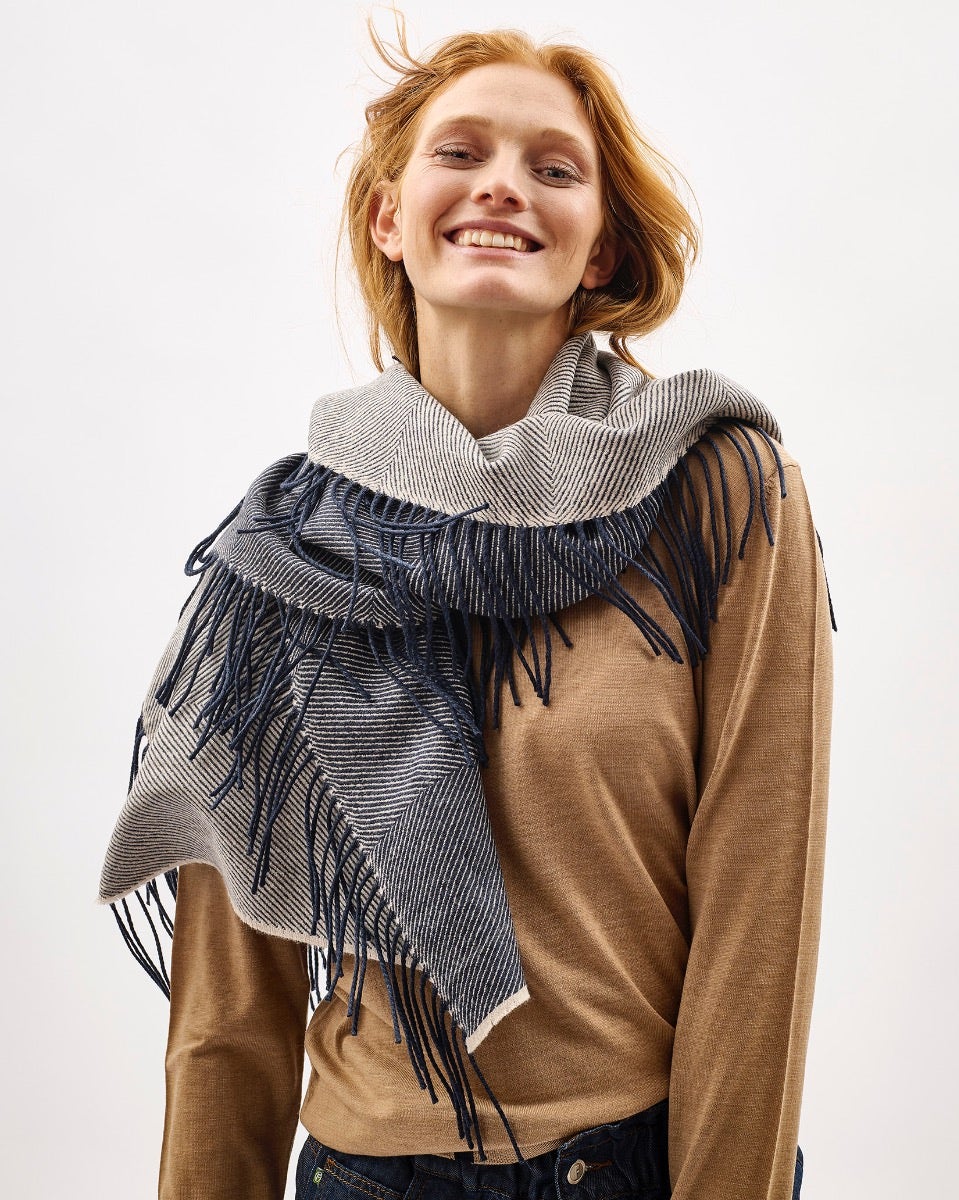 Navy & Cream Vertically Fringed Merino Scarf