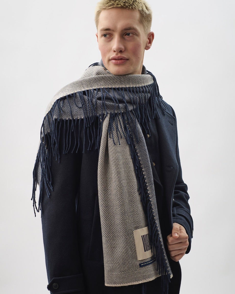 Navy & Cream Vertically Fringed Merino Scarf