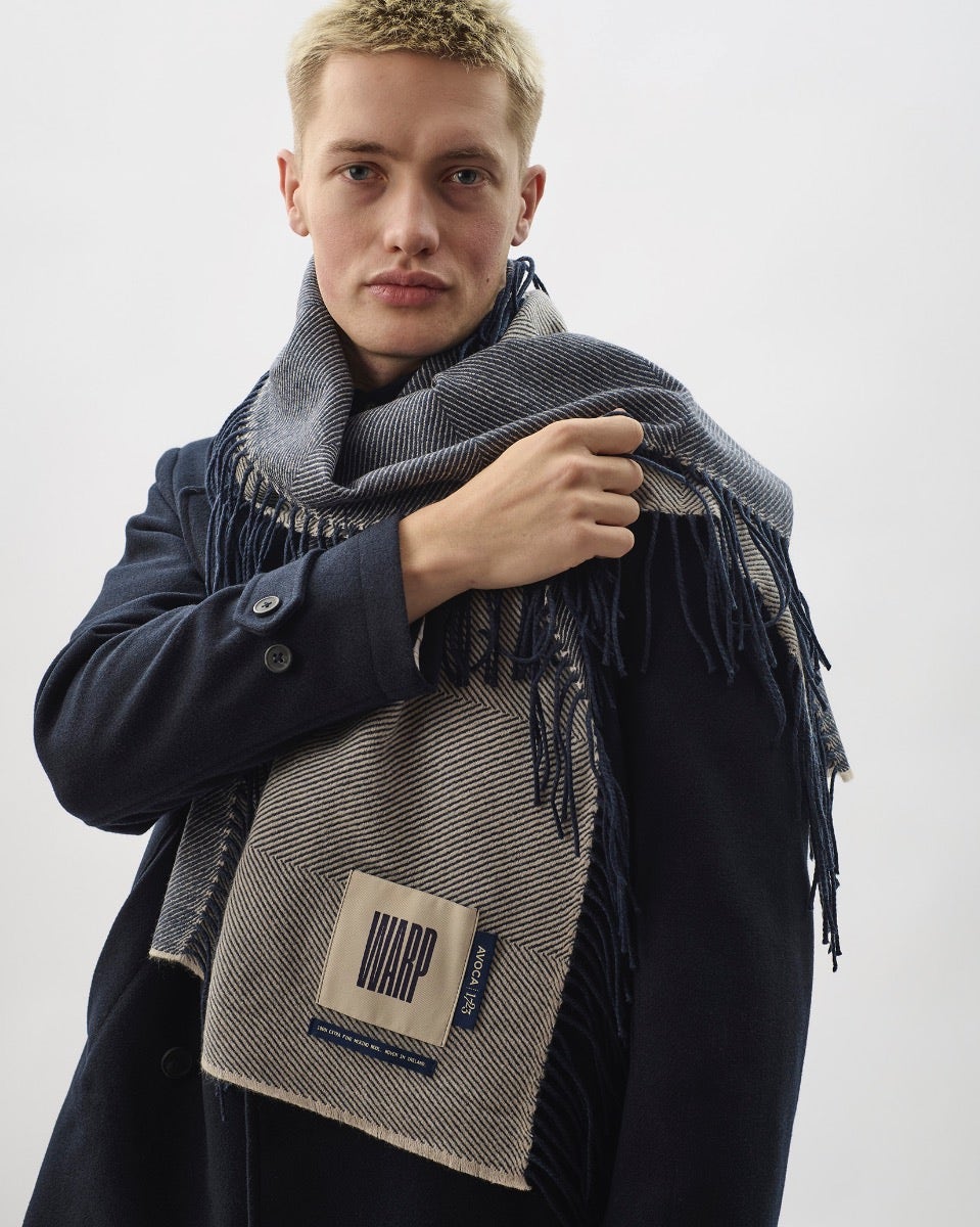 Navy & Cream Vertically Fringed Merino Scarf
