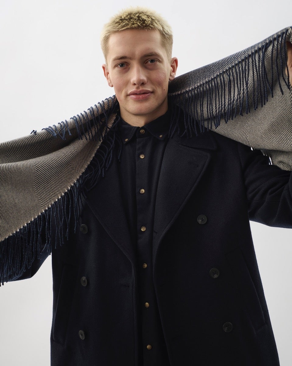Navy & Cream Vertically Fringed Merino Scarf