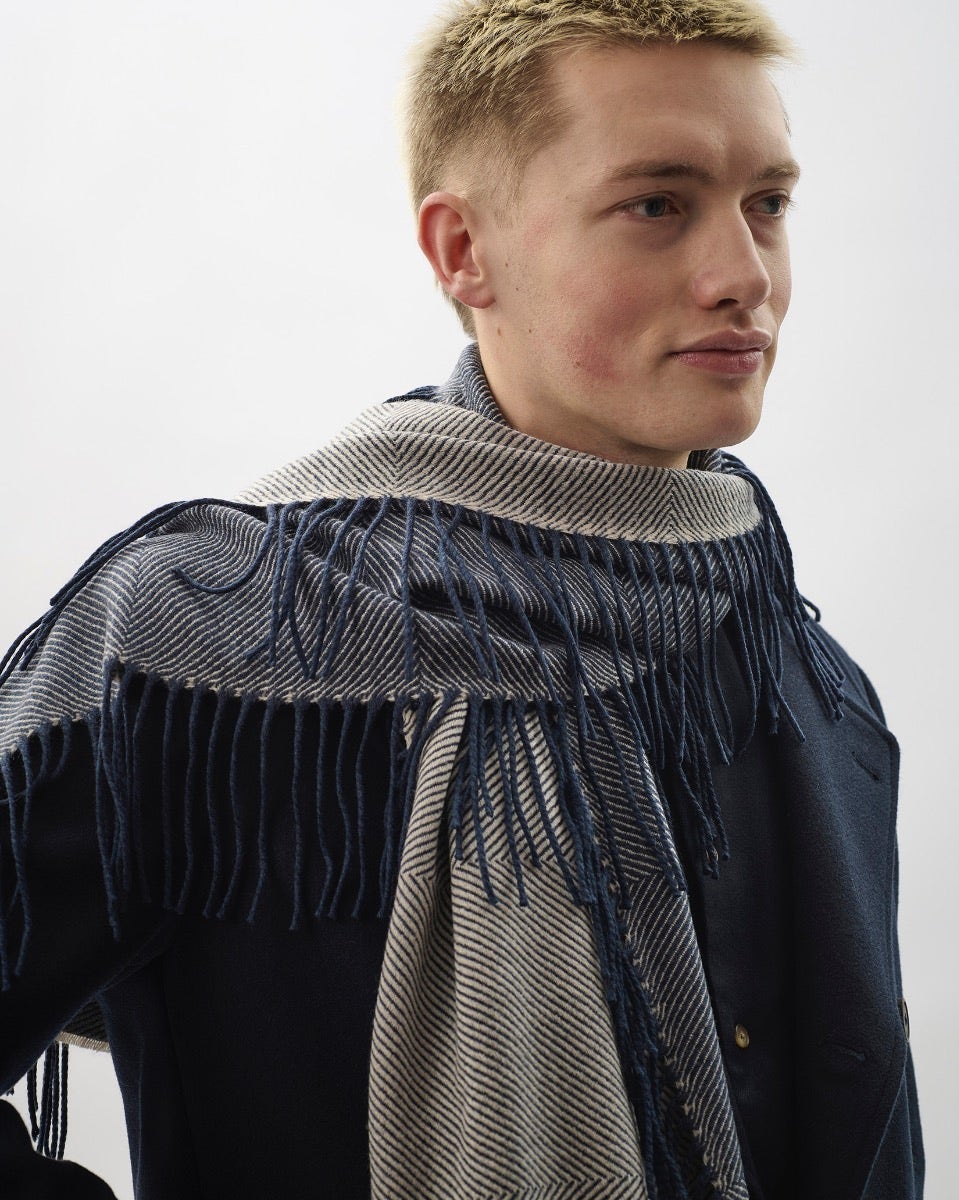 Navy & Cream Vertically Fringed Merino Scarf