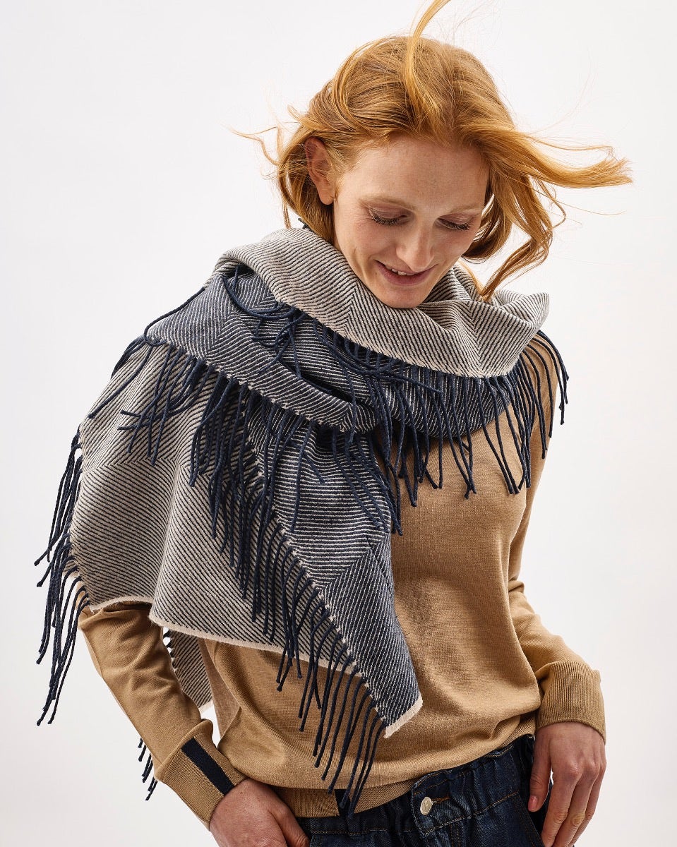 Navy & Cream Vertically Fringed Merino Scarf