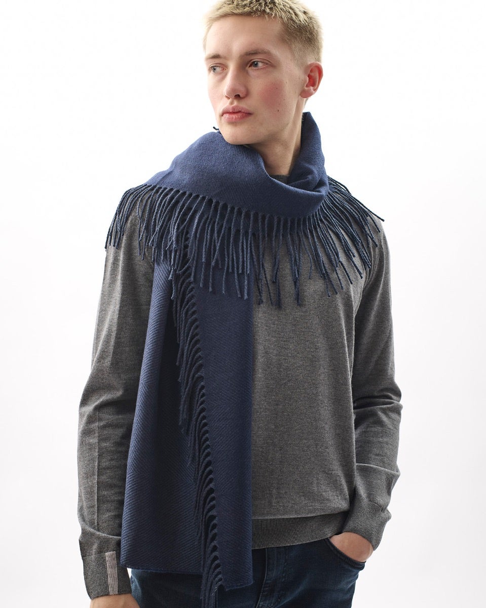 Navy Vertically Fringed Merino Scarf