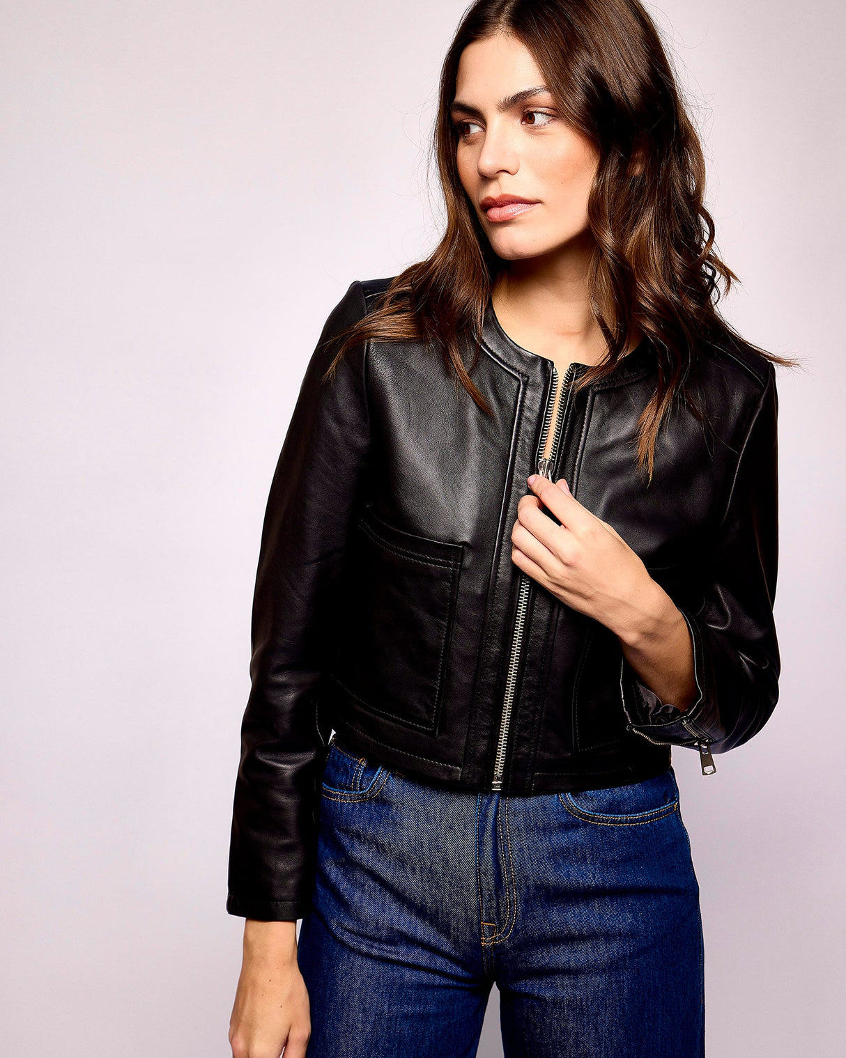 Black Leather Round Neck Jacket