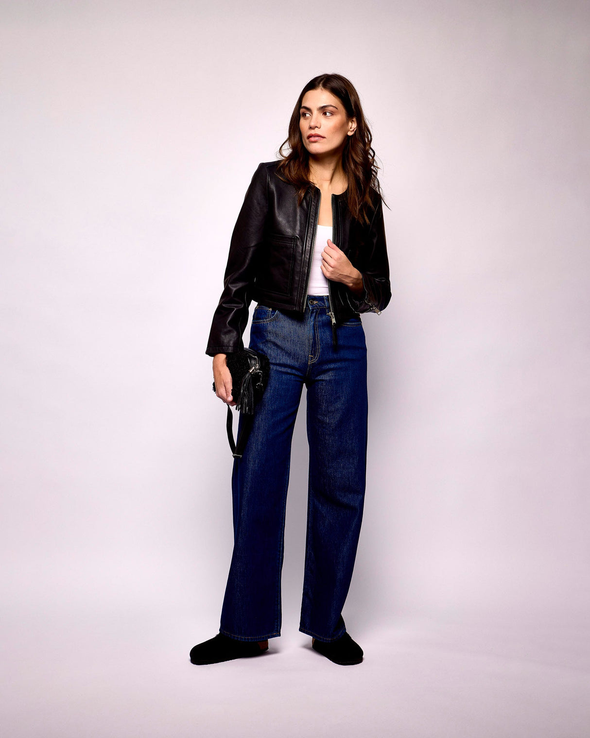 Black Leather Round Neck Jacket