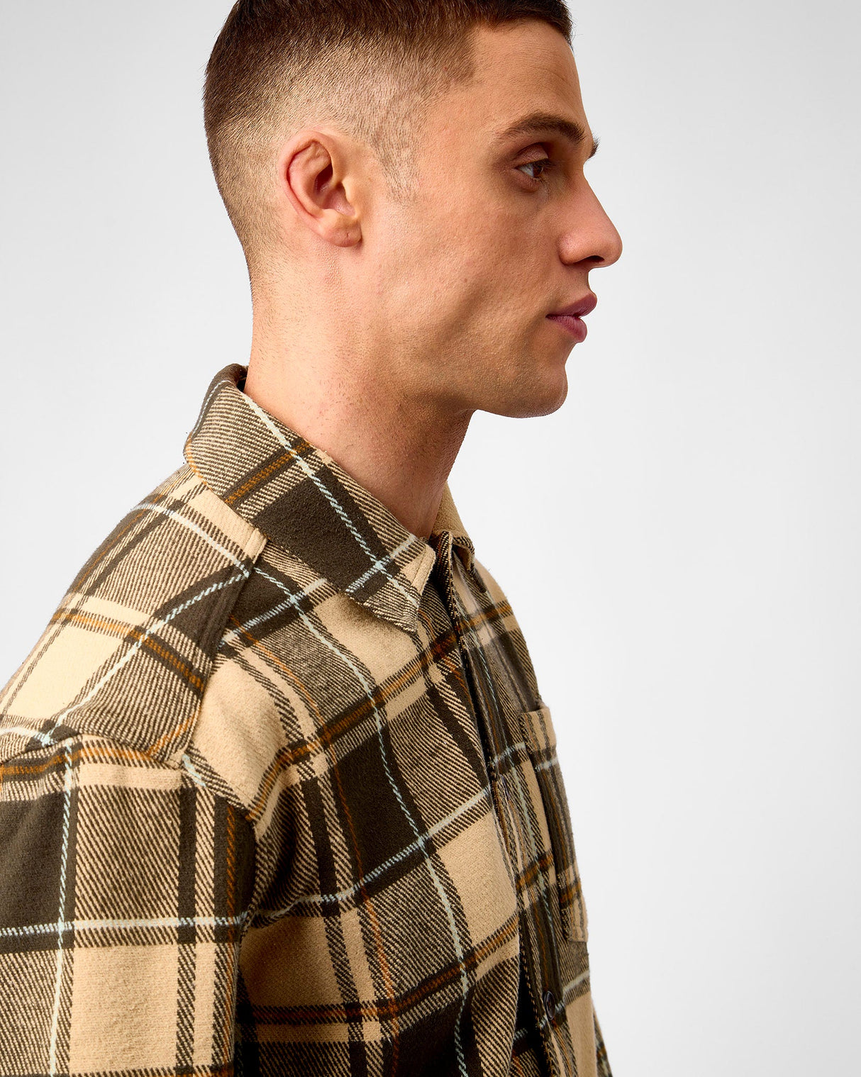 Irish Cream Beige Loan Check Twill Overshirt
