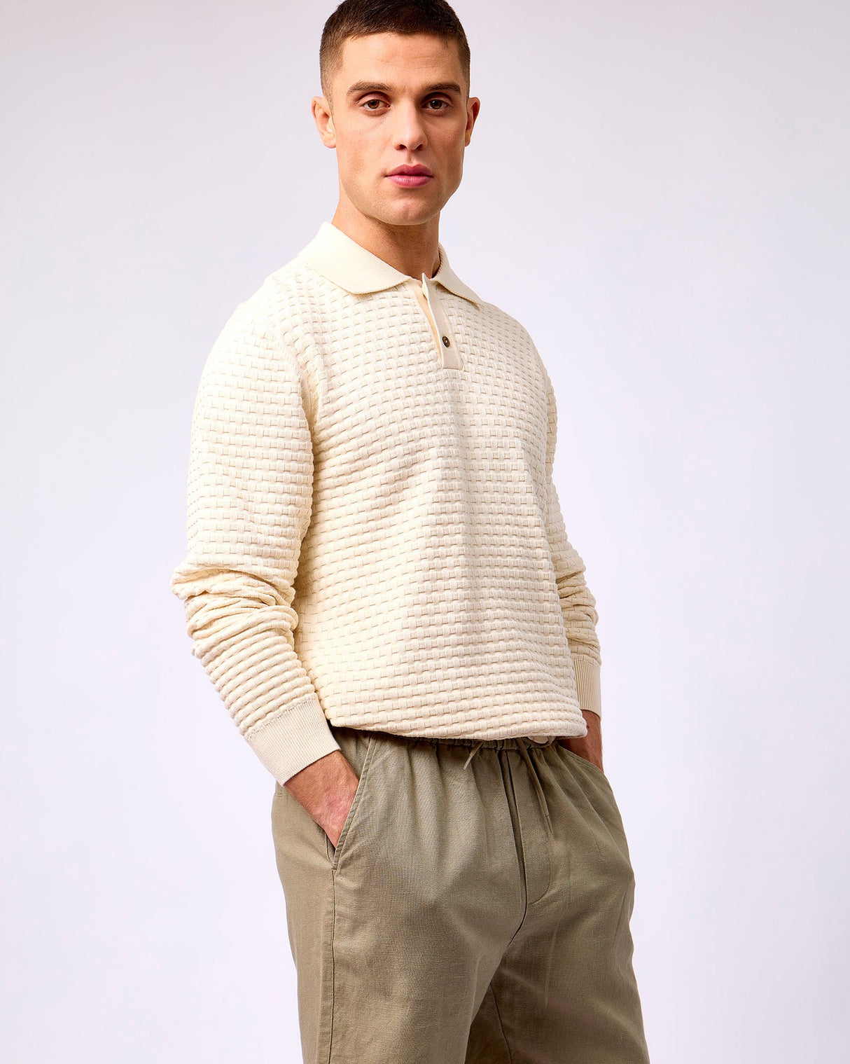 Light-Ivory-Billy-Weave-Knit-Long-Sleeve-Polo-Shirt