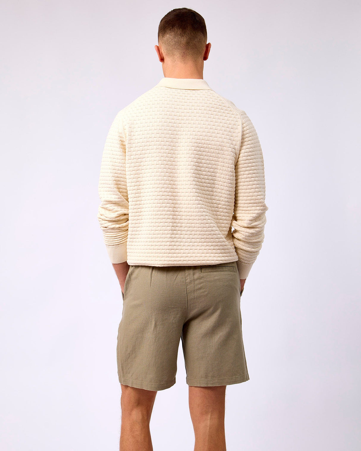 Light Ivory Billy Weave Knit Long Sleeve Polo Shirt