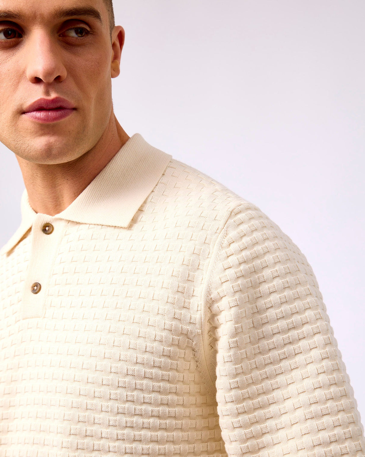 Light Ivory Billy Weave Knit Long Sleeve Polo Shirt