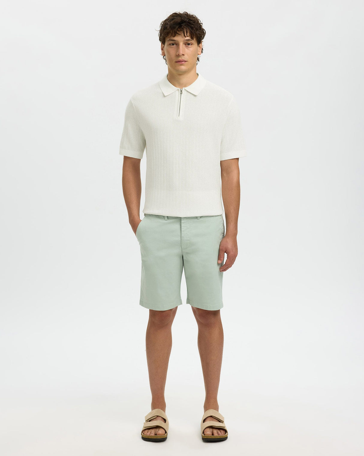 Egret Cran Knit Structure Zip Polo T-Shirt