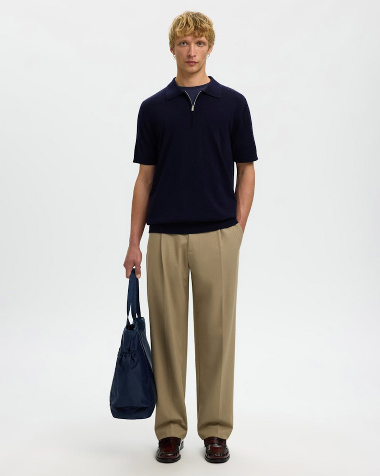 Navy Blazer Tray Knit Half Zip Polo T-Shirt