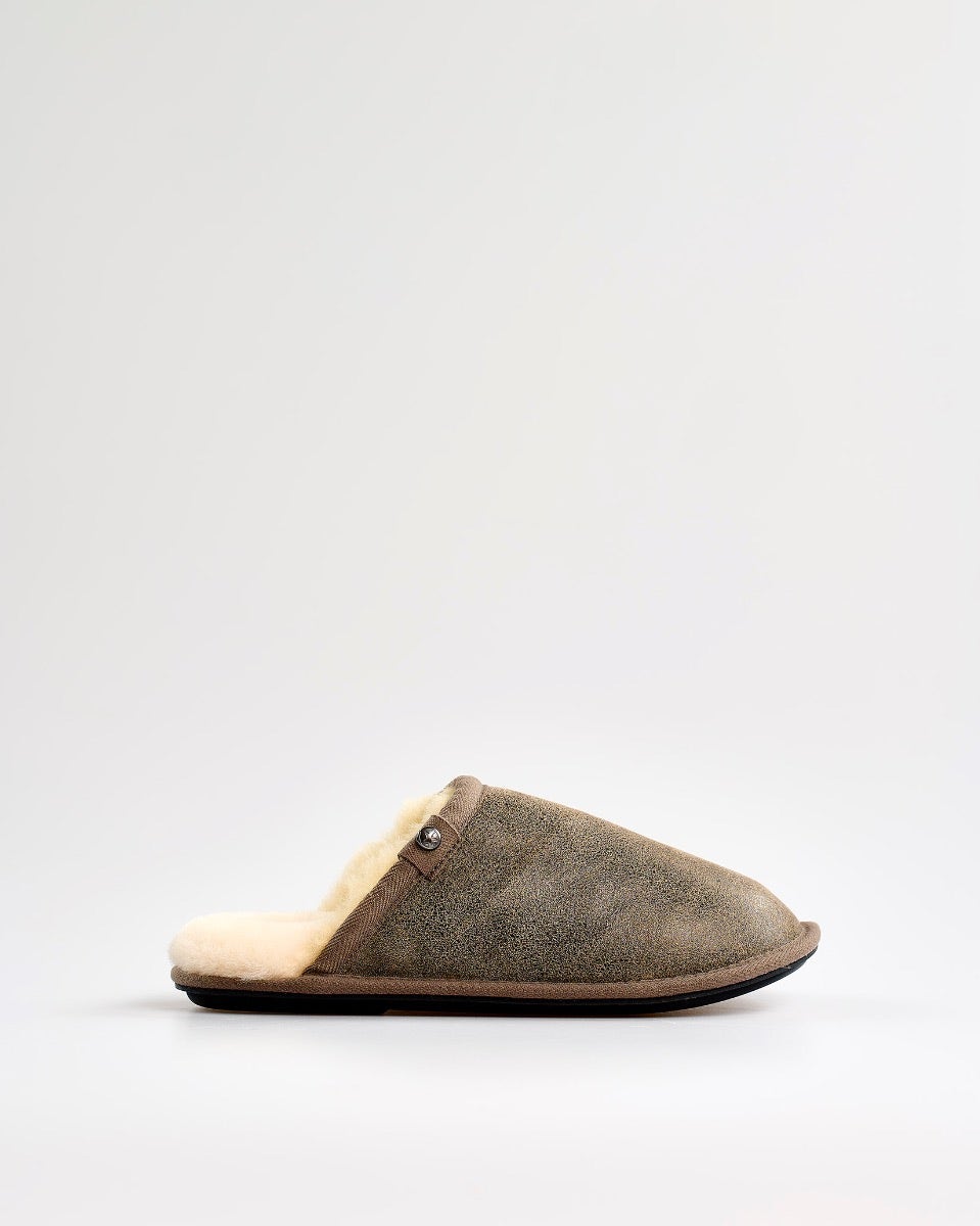 Distressed Tea Leather & Sheepskin Mule Slippers