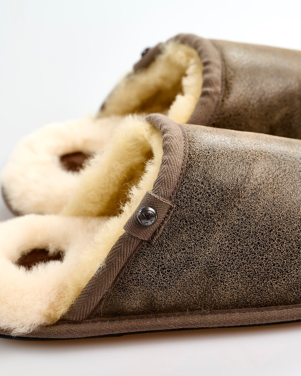 Distressed Tea Leather & Sheepskin Mule Slippers