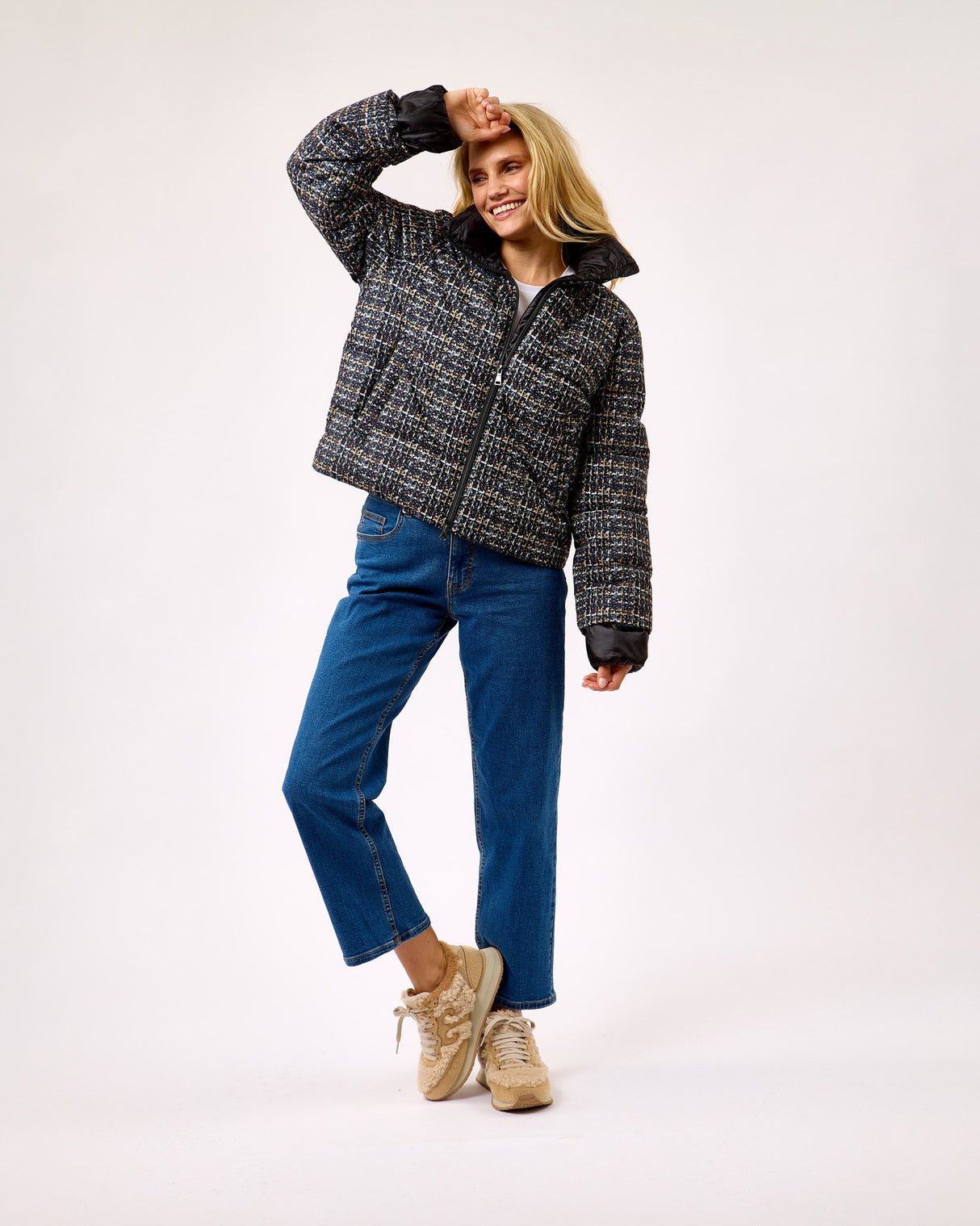 Cognac-Tweed-Hybrid-Puffer-Jacket