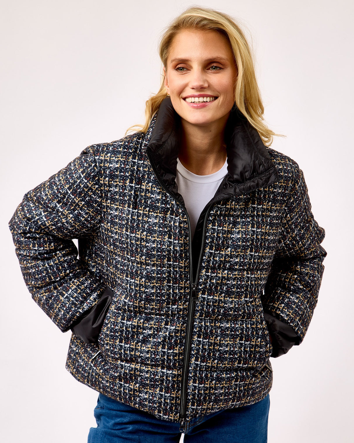 Cognac Tweed Hybrid Puffer Jacket