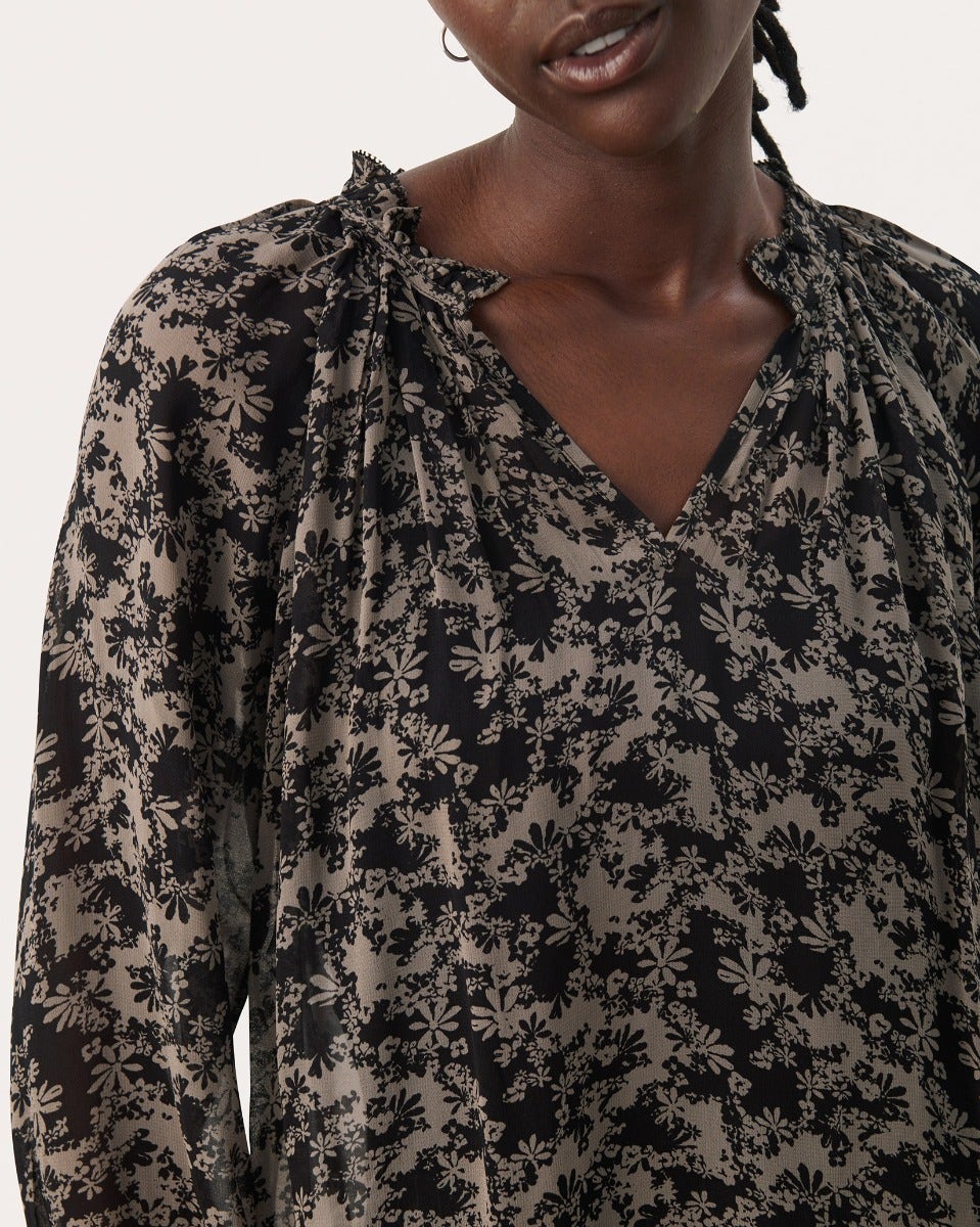 Black Contrast Floral Print Elsia Sheer Blouse