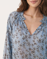 Faded Denim Floral Print Elsia Sheer Blouse