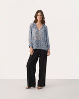 Faded Denim Floral Print Elsia Sheer Blouse