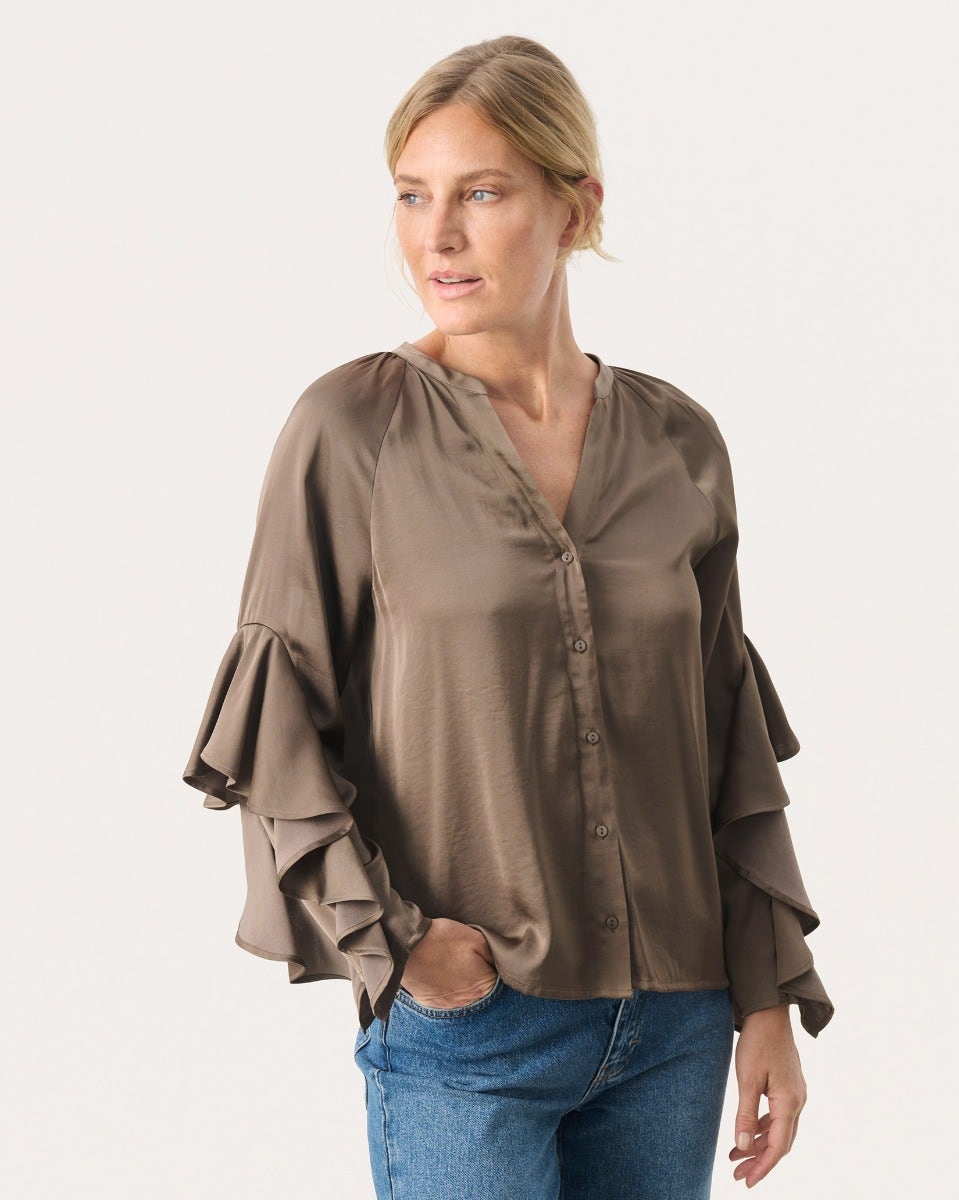 Walnut-Brown-Leane-Frill-Sleeve-Shirt