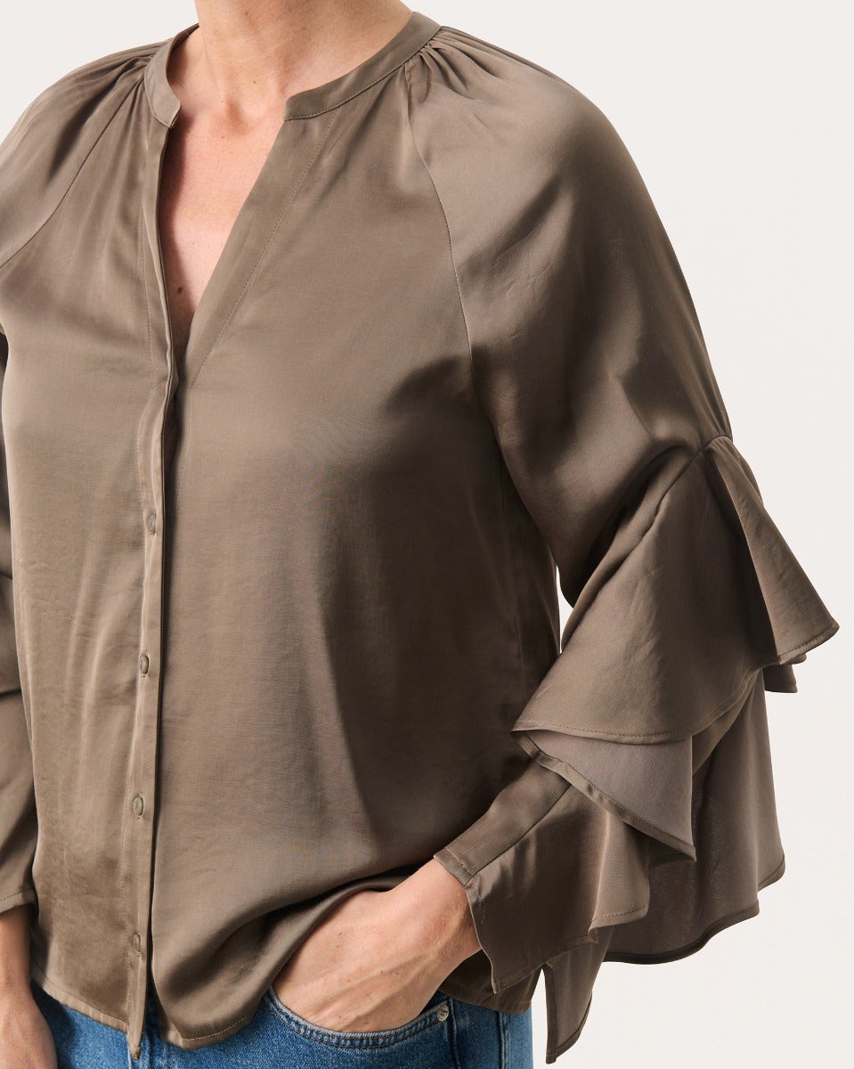 Walnut Brown Leane Frill Sleeve Shirt