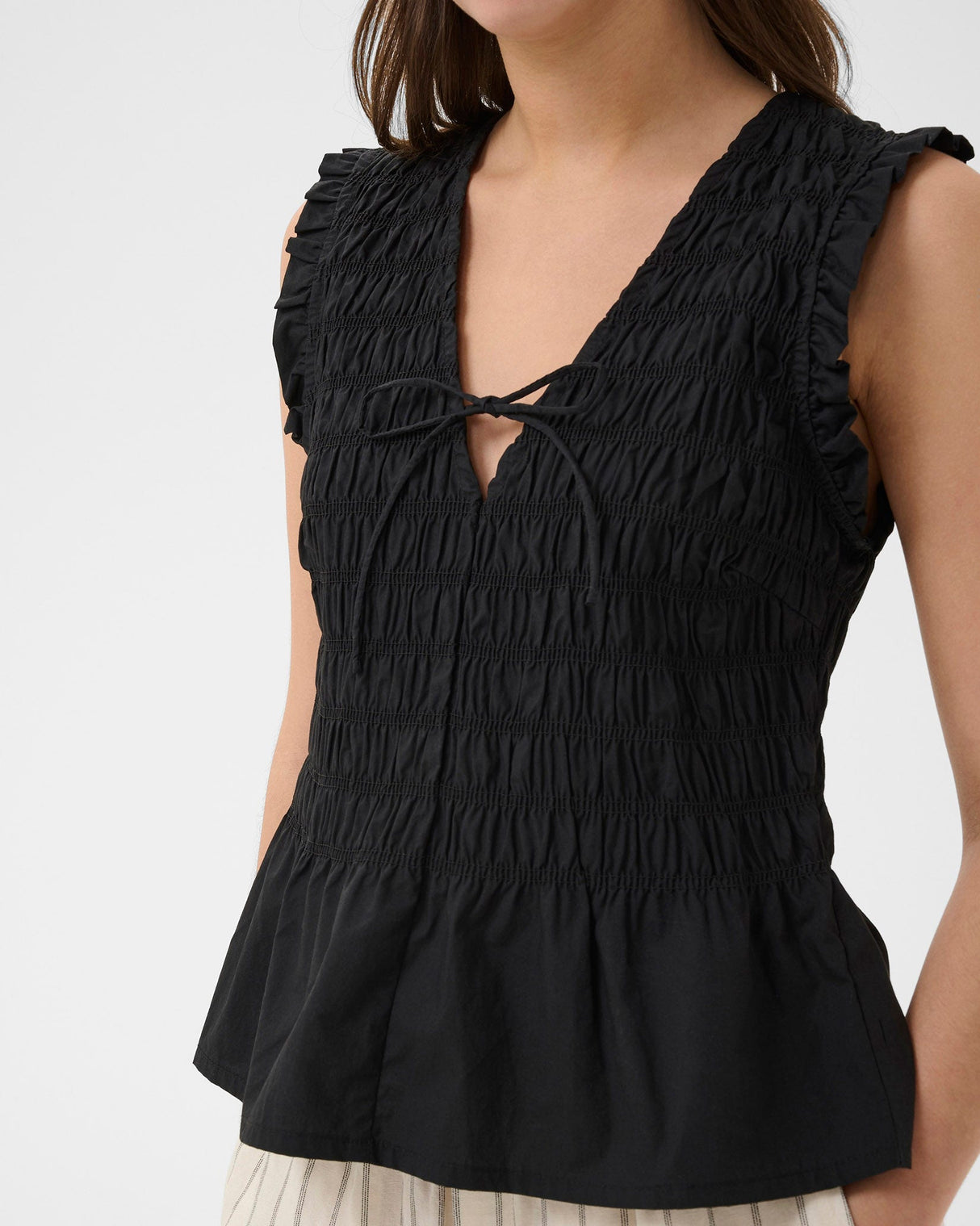 Black Borgny Cotton Sleeveless Shirred Top