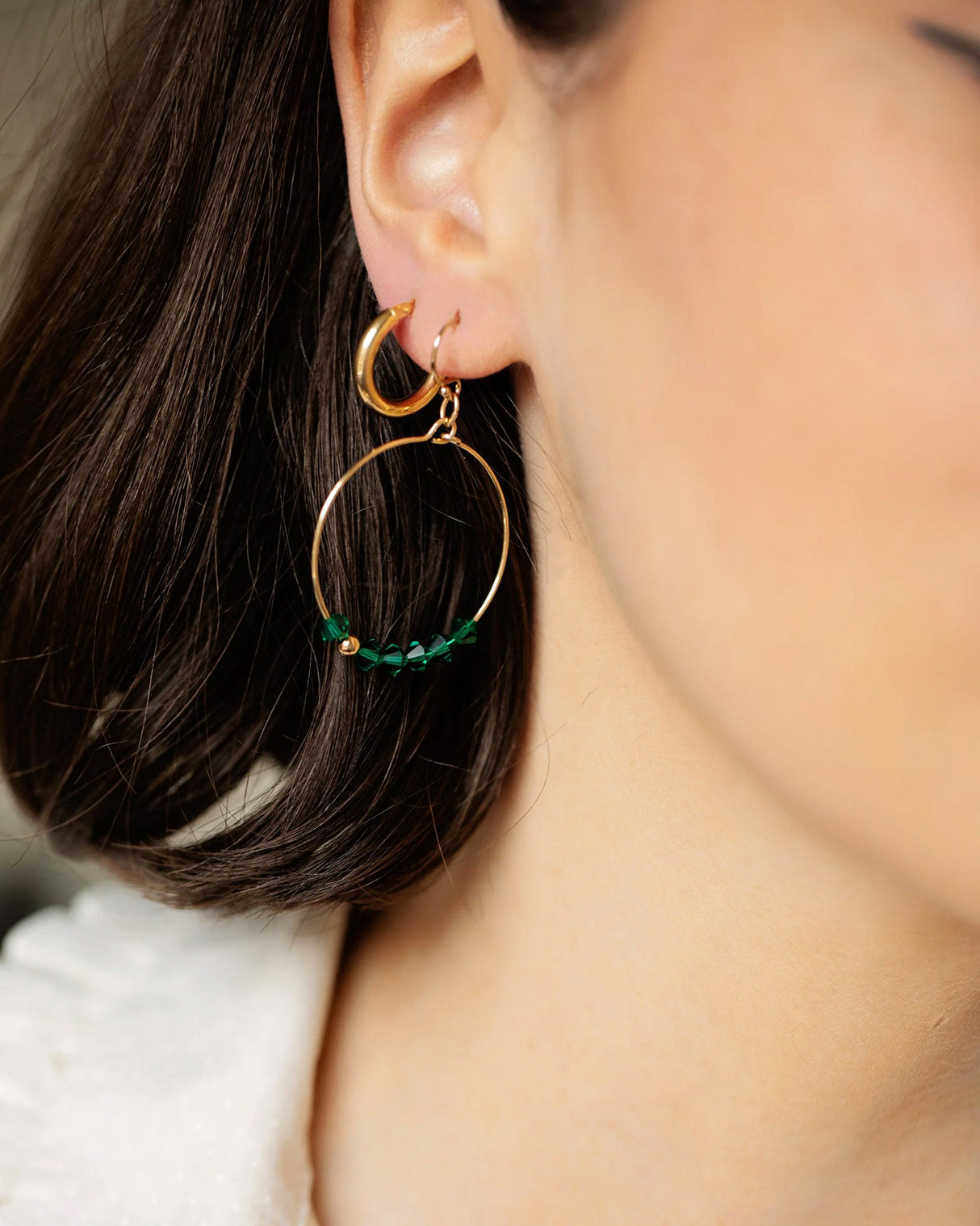 Emerald Green Crystal Row Gold Filled Hoop Earrings