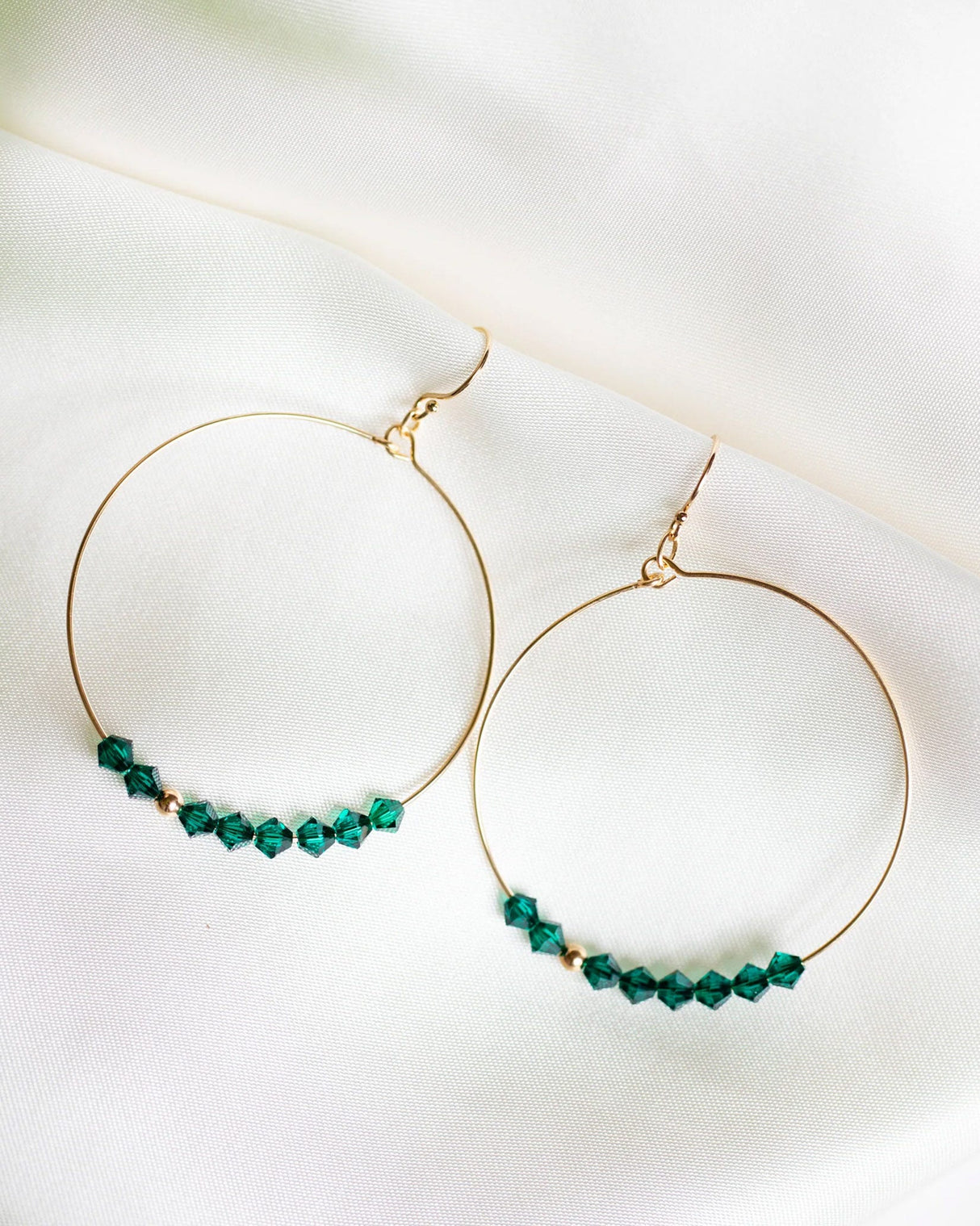 Emerald Green Crystal Row Gold Filled Hoop Earrings