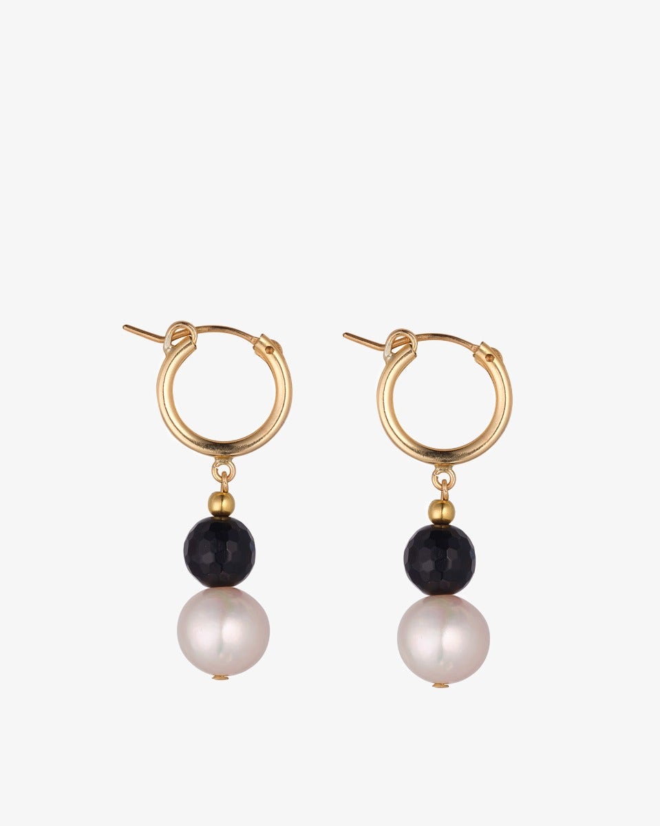 Gold-Filled-Pearl-Black-Agate-Clip-Hoop-Earrings