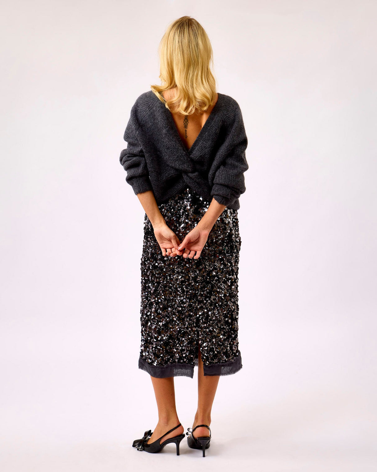 Grey Sequin Midi Skirt