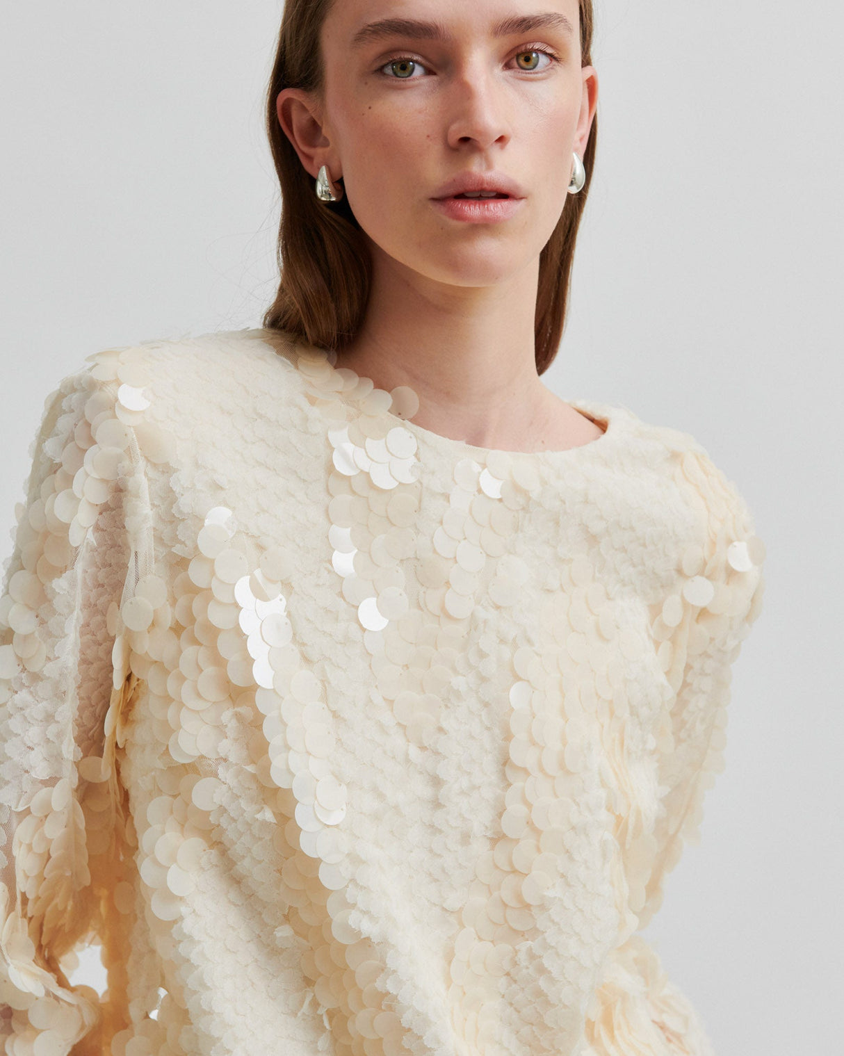 Cream Glimmer Sequin Long Sleeve Blouse