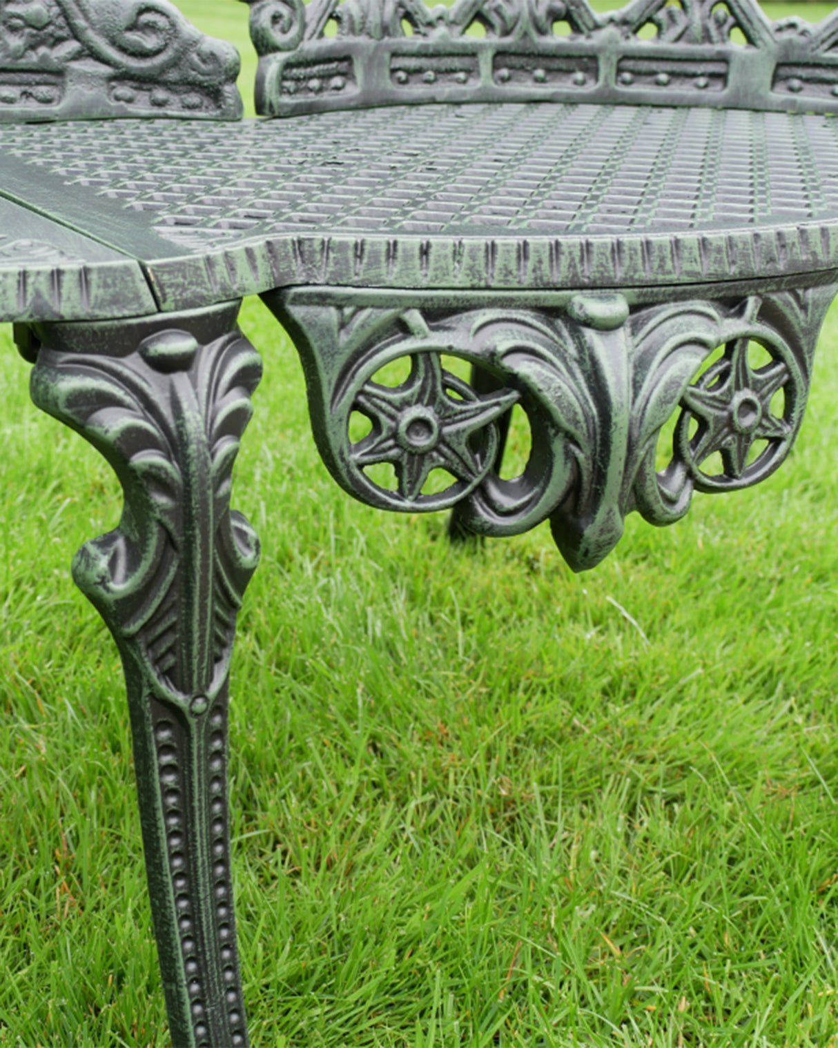 Aged Green Finish Ornate Aluminium Bench