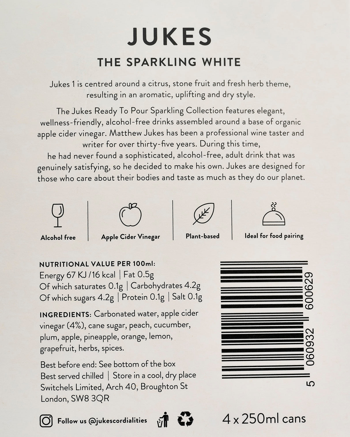 Jukes Alcohol Free Sparkling White Wine Cans - Pack of 4