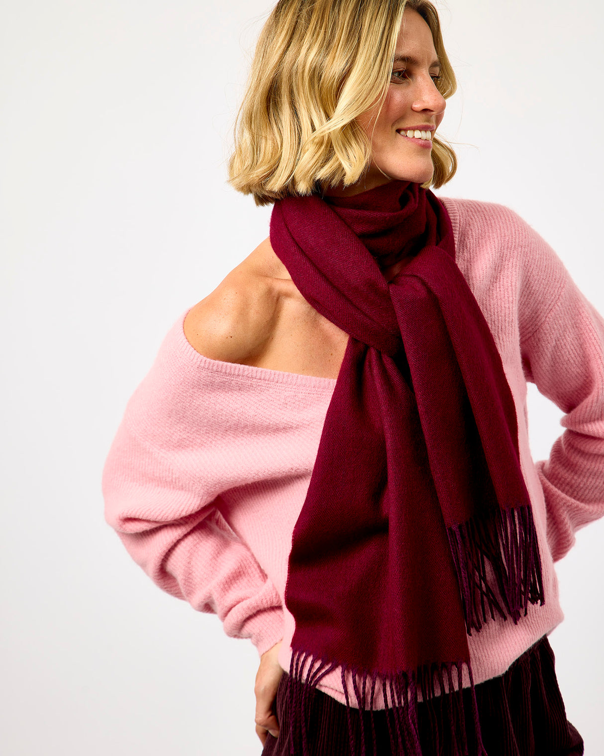 Burgundy Large Herringbone Wide Merino Scarf