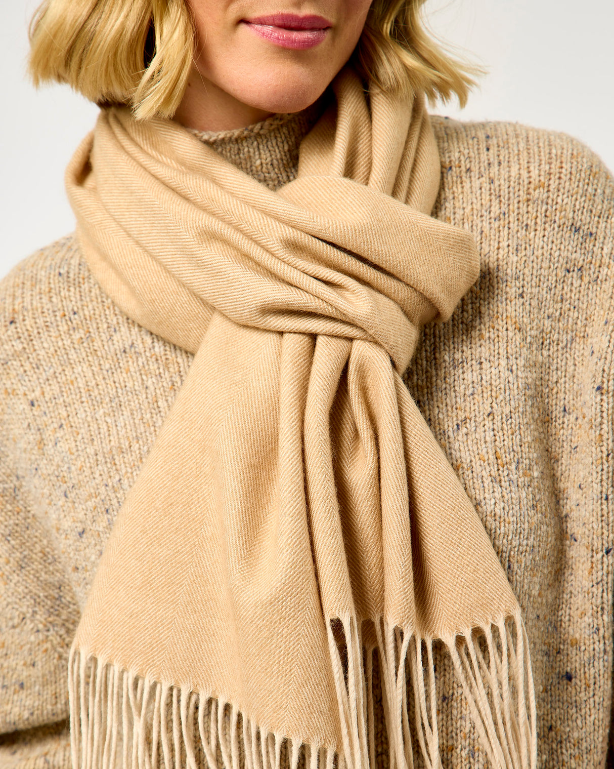 Camel Large Herringbone Wide Merino Scarf