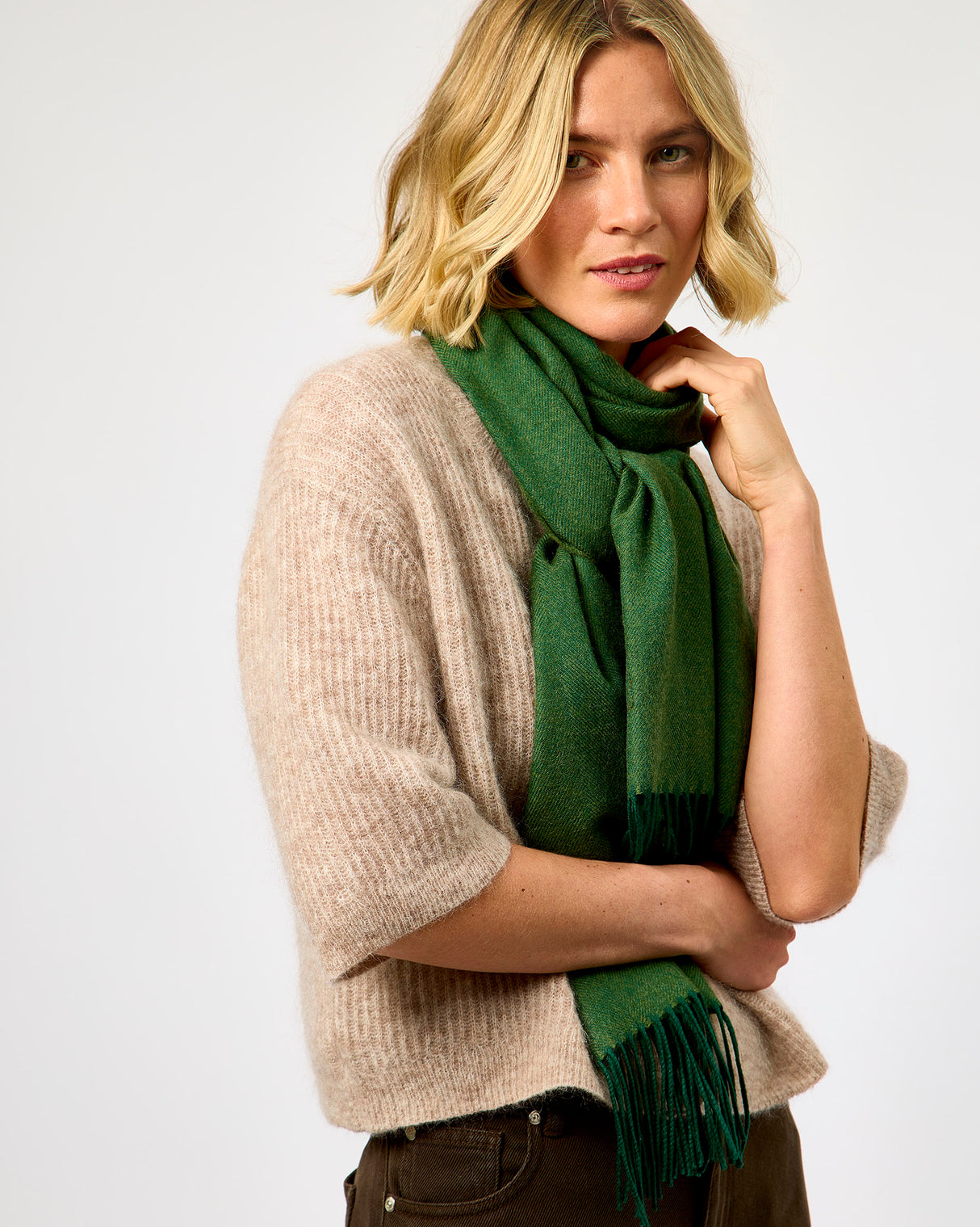 Forest Green Large Herringbone Wide Merino Scarf