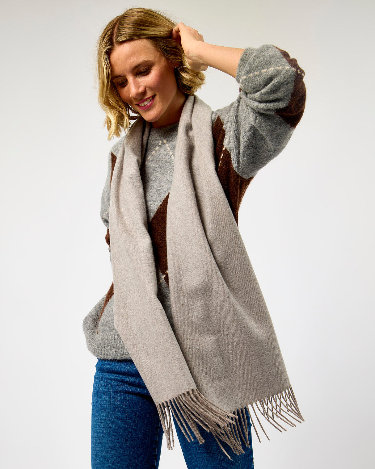 Light Grey Large Herringbone Wide Merino Scarf