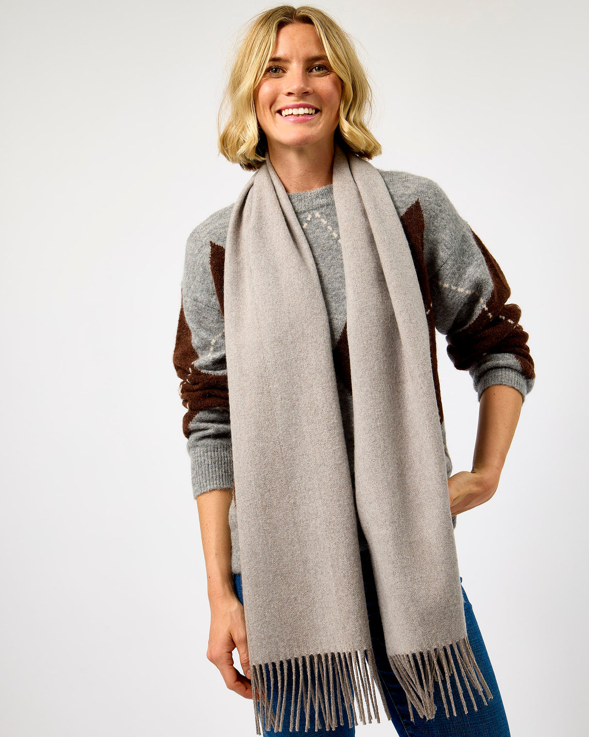 Light Grey Large Herringbone Wide Merino Scarf