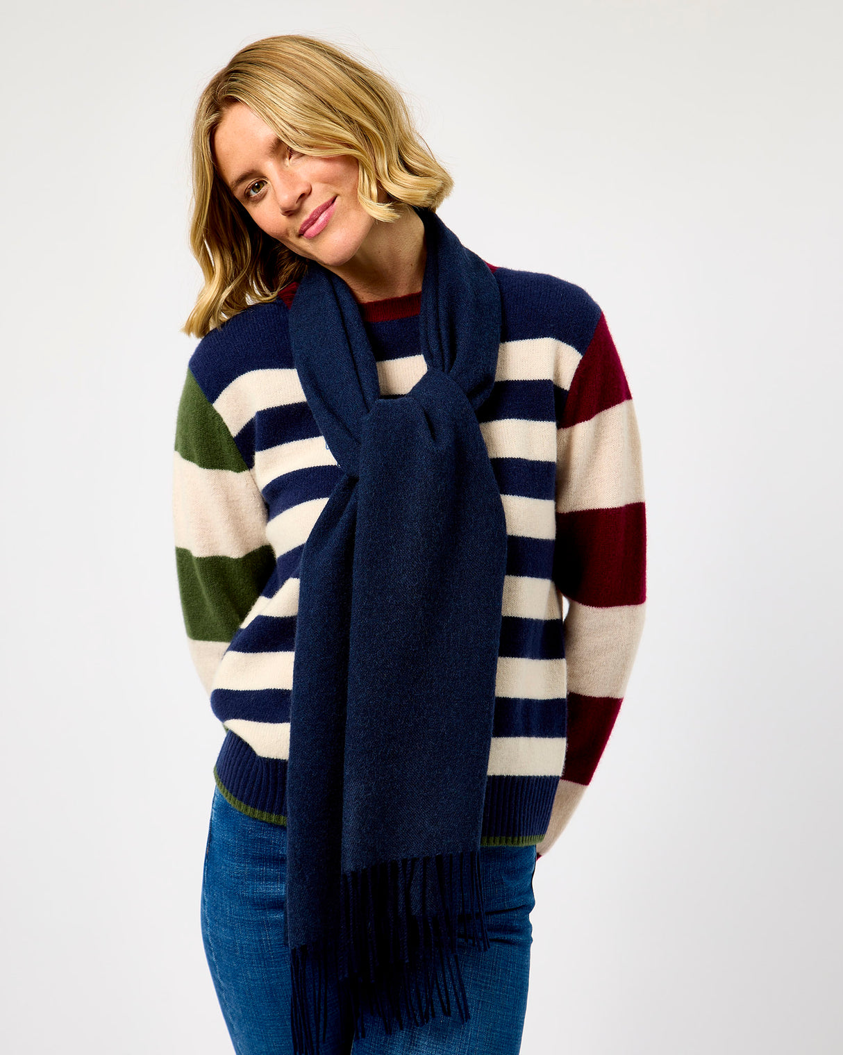 Navy Large Herringbone Wide Merino Scarf