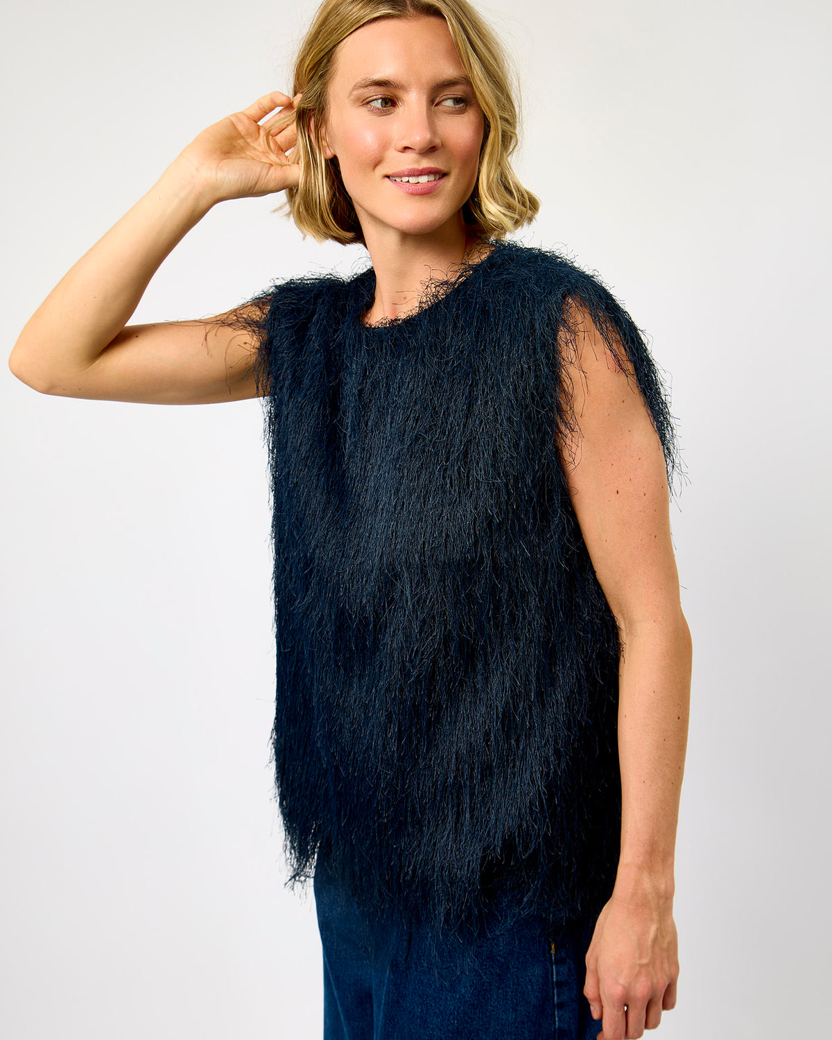 Dark Sapphire Marianne Feather Sleeveless Top