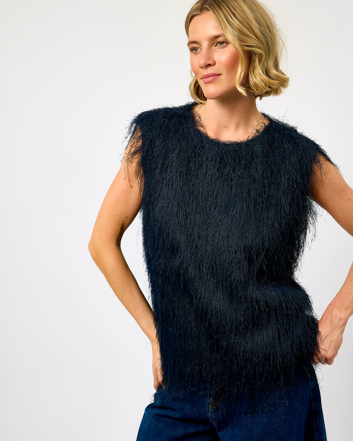 Dark Sapphire Marianne Feather Sleeveless Top