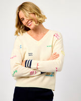 Ecru & Navy Volantes Wool V-Neck Jumper