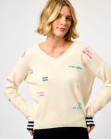 Ecru & Navy Volantes Wool V-Neck Jumper