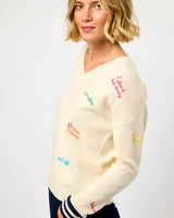 Ecru & Navy Volantes Wool V-Neck Jumper