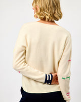 Ecru & Navy Volantes Wool V-Neck Jumper