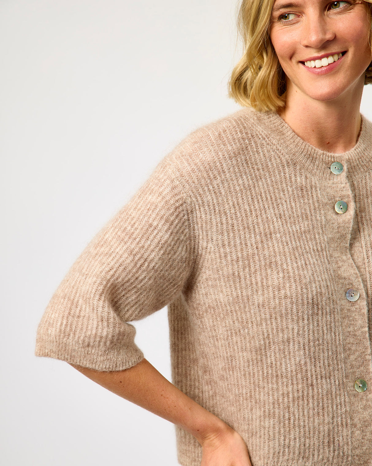 Light Beige Melange Andrea Rib Knit Cardigan