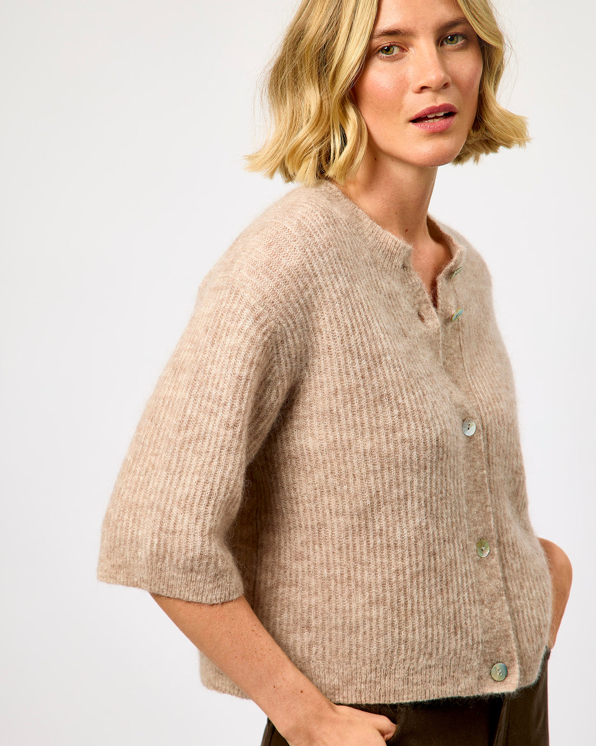 Light Beige Melange Andrea Rib Knit Cardigan