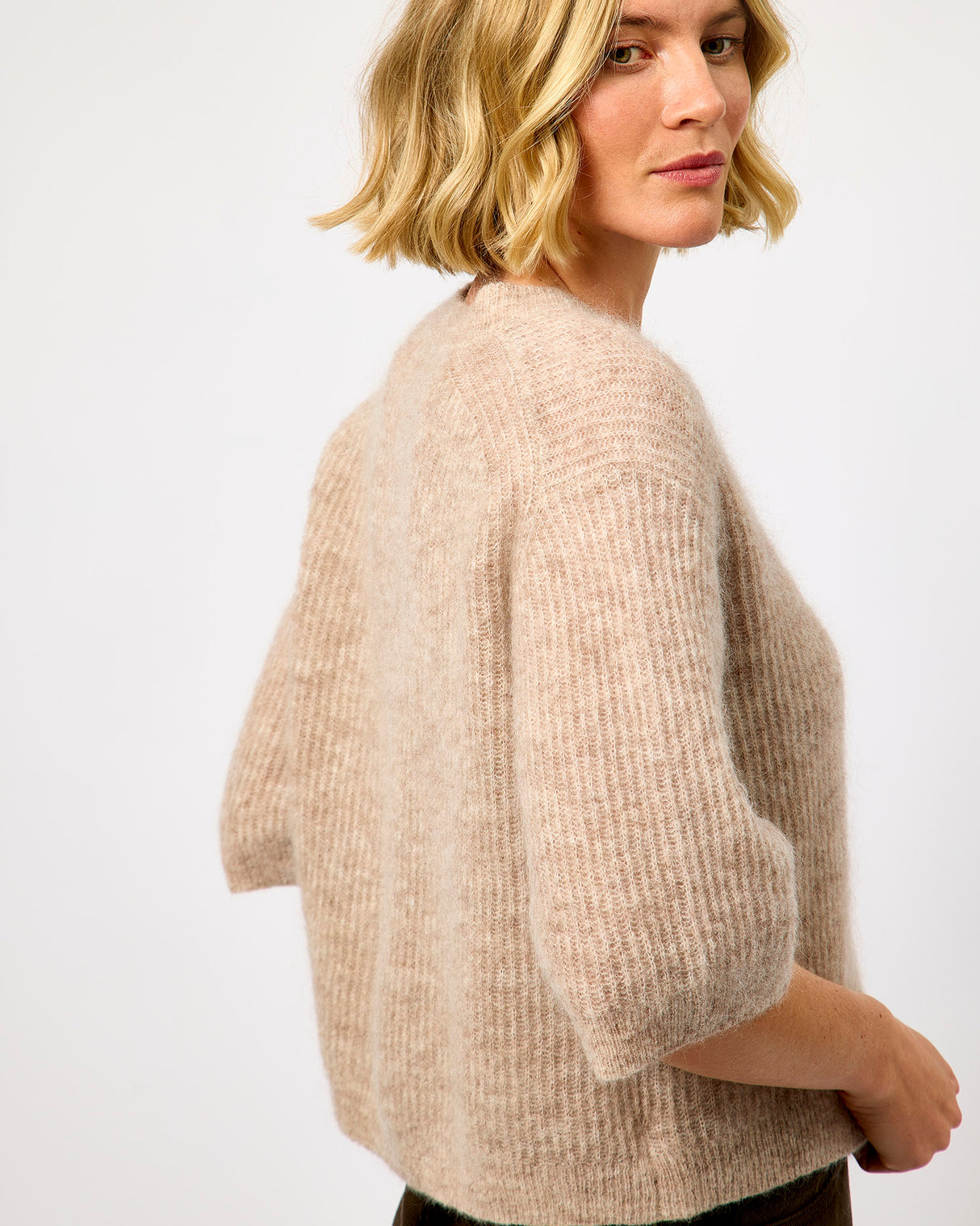Light Beige Melange Andrea Rib Knit Cardigan